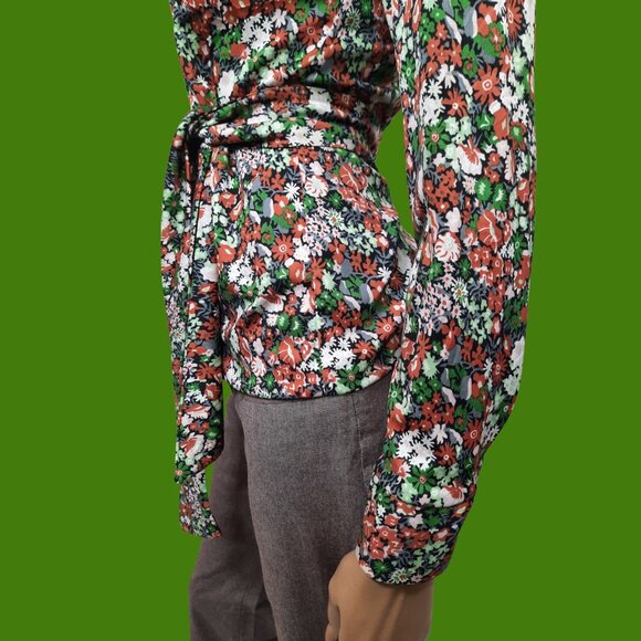 Vintage 70s Blouse Belted Floral Disco Dagger Collar Long Sleeve Button Up Sz S - Picture 8 of 11